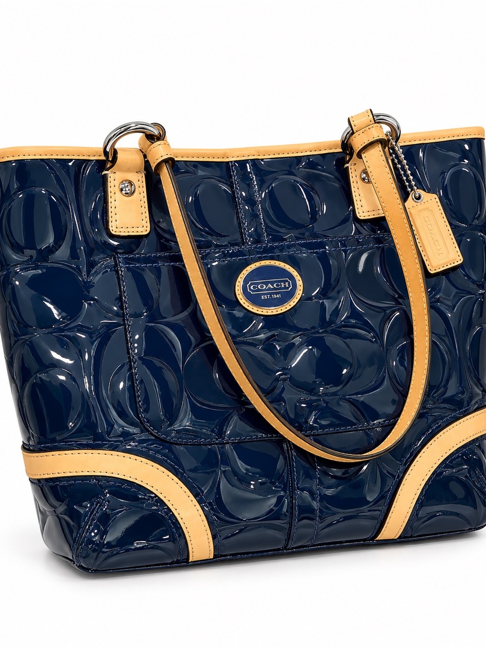 Coach Navy Patent Tote with Tan Leather Accents